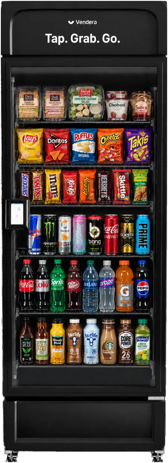 Smart vending machine stocked with fresh food, snacks, and drinks